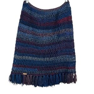 Happy Hatters Boho Multicolor Open Knit Crochet Fringe Skirt Size L